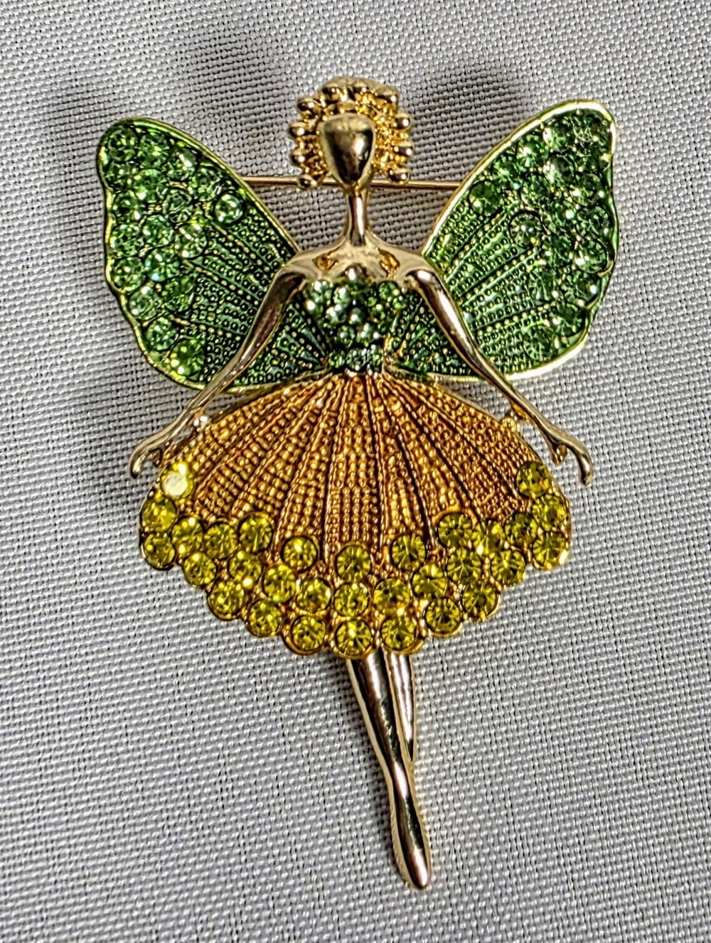 Rhinestone Fairy Brooch Green Yellow Crystal Angel Pin Gold Tone